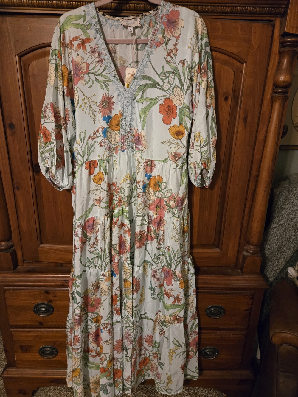 Johhny Was Workshop Silk Floral V-Neck Maxi Dress in Light Mint LARGE - Picture 10 of 10